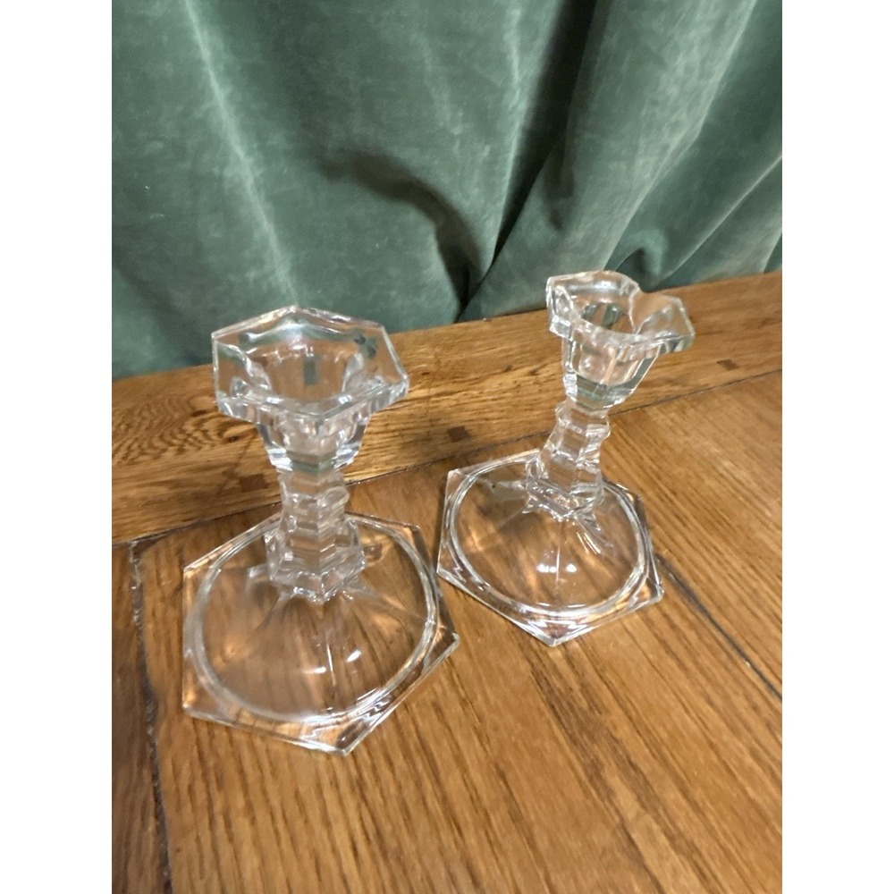 Vintage Clear Glass Hexagonal Base Taper Candlestick Holders Pair Set of 2